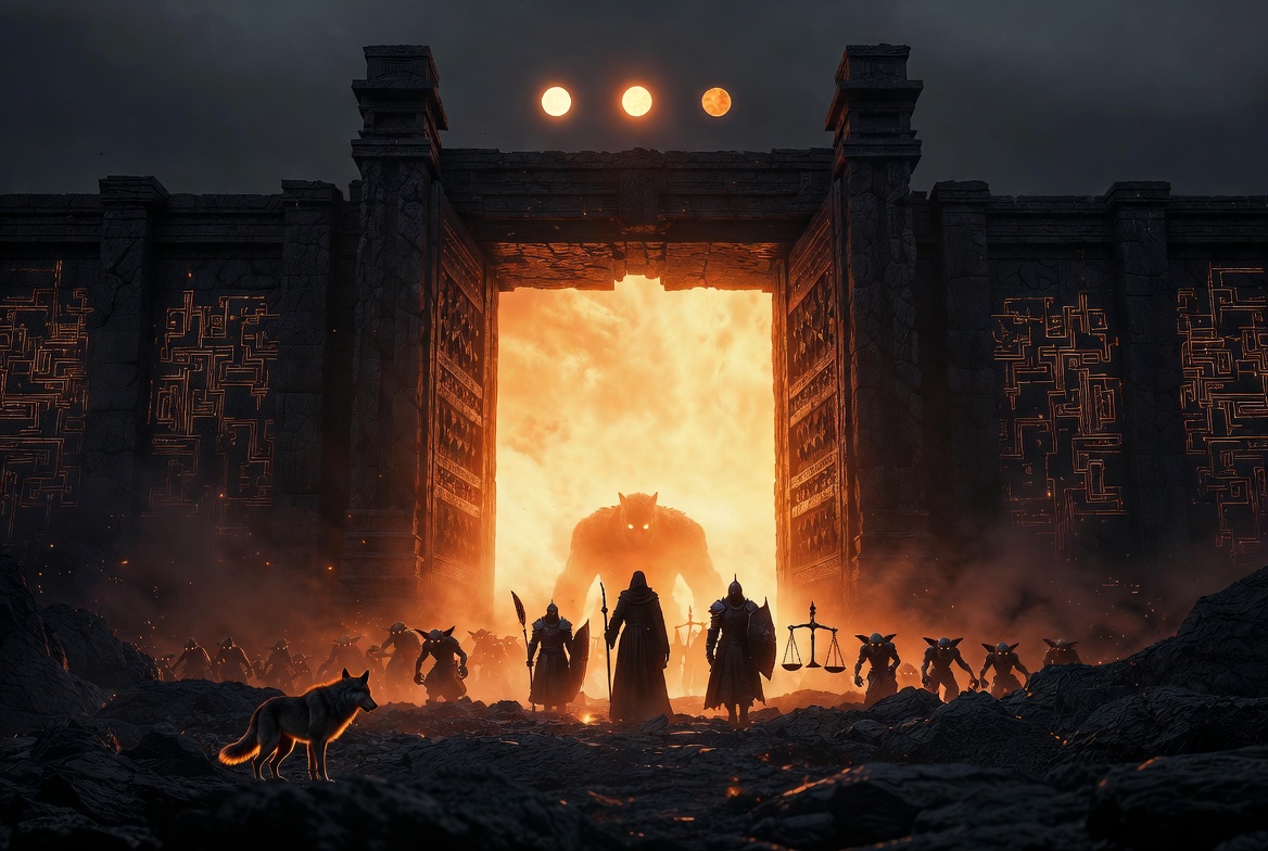 The citizens of Sanctuary walking out of massive black stone gates under three suns, a wolf standing at the front